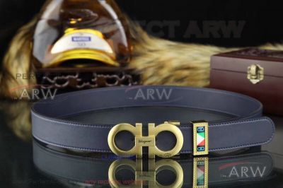 AAA Replica Cheap Ferragamo Dark Blue Smooth Belt - Gold Double Gancini Buckle